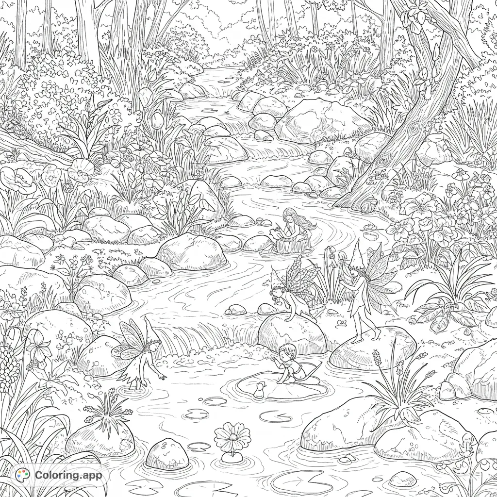 Whimsical fairies play in a detailed forest stream, surrounded by lush plants and rocks. A magical nature scene perfect for creative coloring.