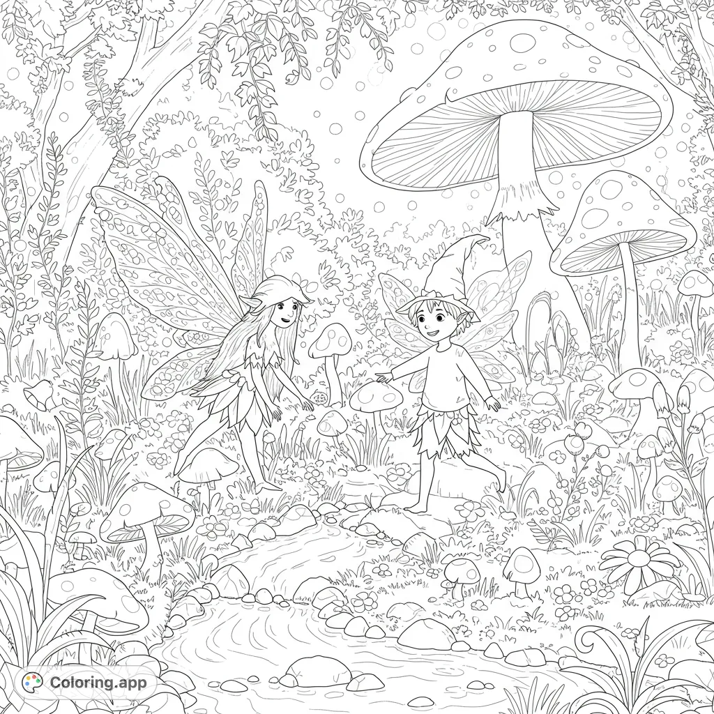 Explore an enchanting woodland with two playful fairies, surrounded by whimsical mushrooms, a winding stream, and lush forest details. A magical fantasy coloring page.