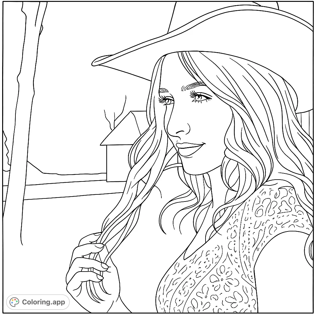 A beautiful woman in a wide-brimmed hat smiles, her long hair flowing, set against a simple country backdrop. Perfect for a relaxing coloring experience.