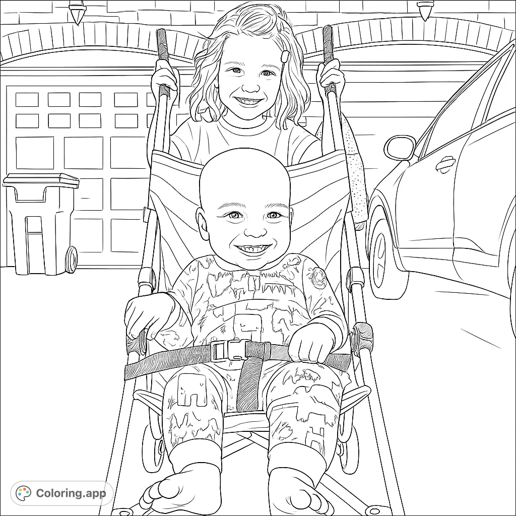 A heartwarming siblings coloring page featuring a big sister pushing her baby brother in a stroller. Perfect for family fun and creative expression. Free printable coloring page for kids.