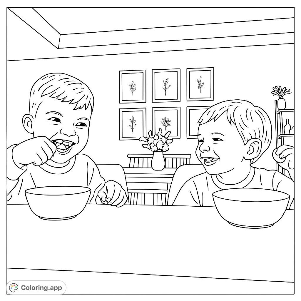 Two happy boys laughing at a table with bowls, surrounded by home decor. A joyful mealtime scene for coloring.