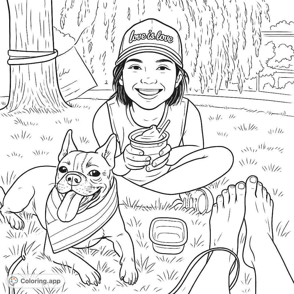 A heartwarming outdoor scene featuring a smiling person, their happy dog with a bandana, and a refreshing drink, perfect for a relaxing coloring session.