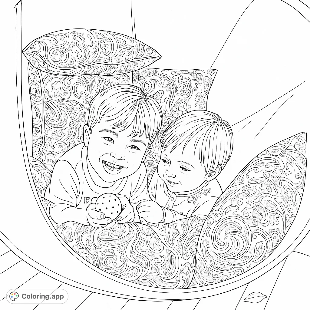 Two happy children, an older boy and a baby, share a cozy moment in a patterned hanging chair, holding a spotted ball. A delightful siblings coloring page.