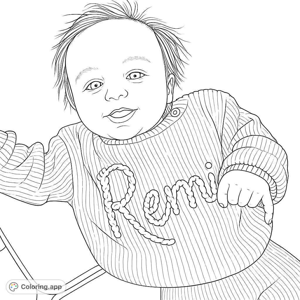 A delightful baby in a ribbed sweater with the name 'Remi' in rope texture. A charming free printable baby coloring page for all ages.