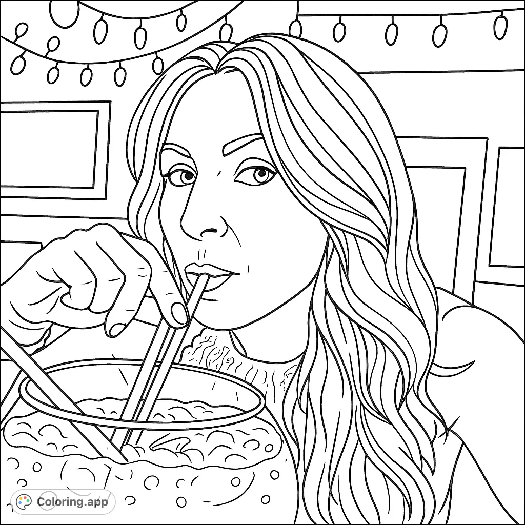 A stylish woman sips from a large, bubbly drink with multiple straws, set against a festive background of string lights. A fun, free printable coloring page for all ages.
