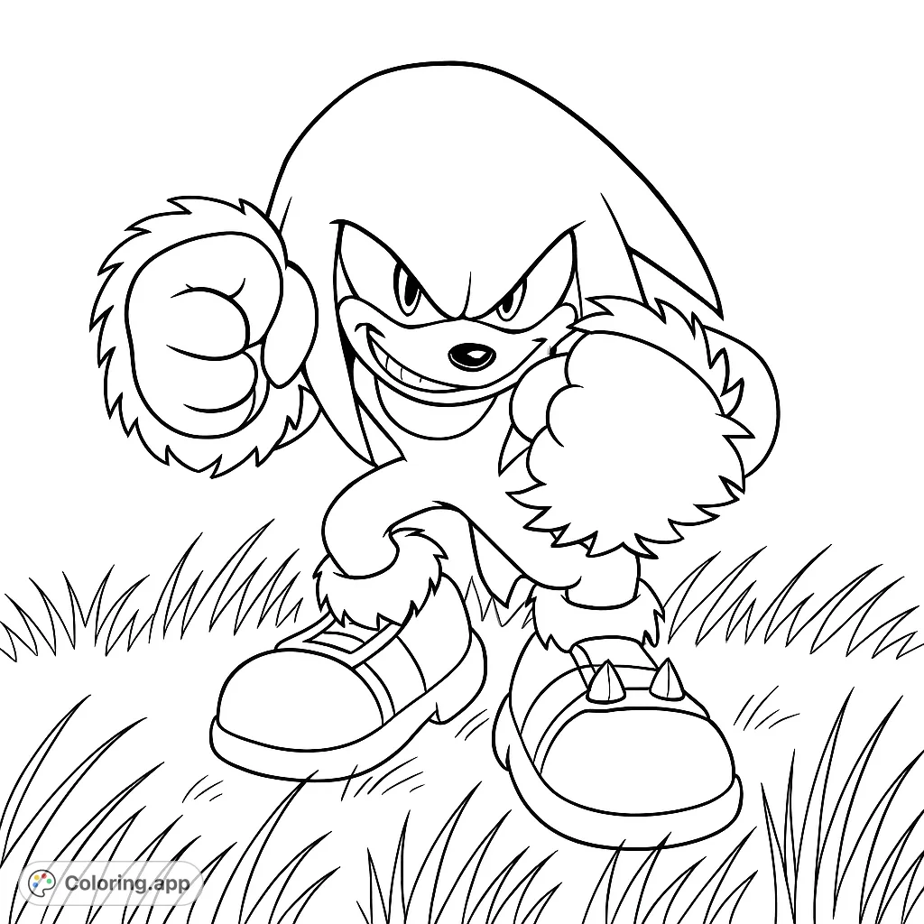 Unleash your creativity with this action-packed echidna coloring page, featuring a powerful character with clenched fists and a determined grin.