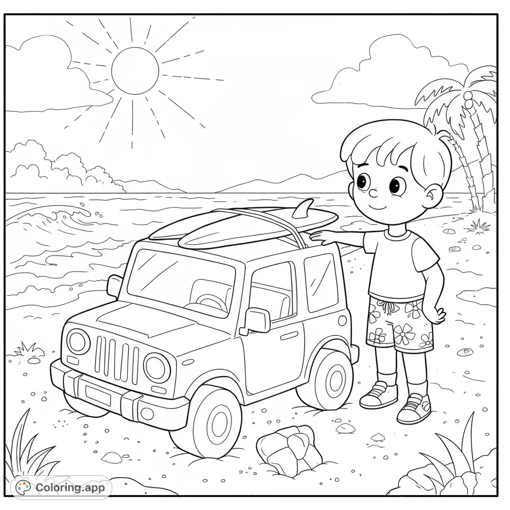 A cheerful boy and his jeep with surfboards on a sunny beach. Perfect for a summer adventure coloring page, free printable fun!