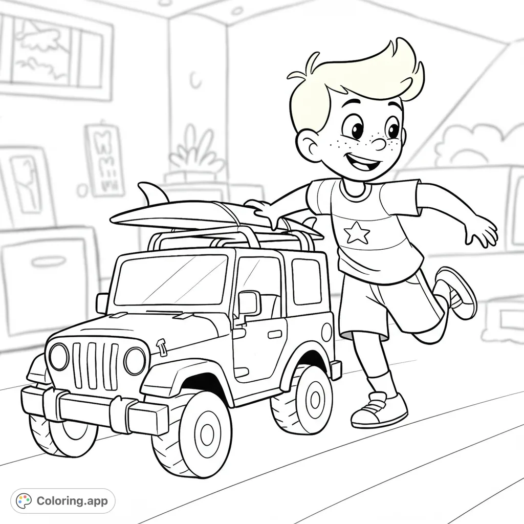 A cheerful boy runs alongside a cool Jeep with a surfboard, ready for a summer adventure. Perfect for kids who love cars and the beach!