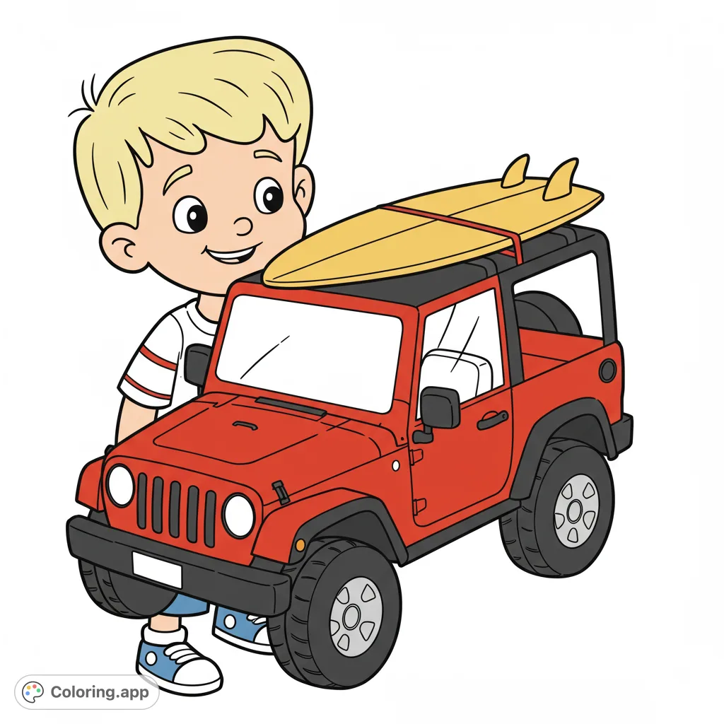 A cheerful boy stands beside a cool jeep with a surfboard, ready for a beach adventure. A free printable summer vehicle coloring page.