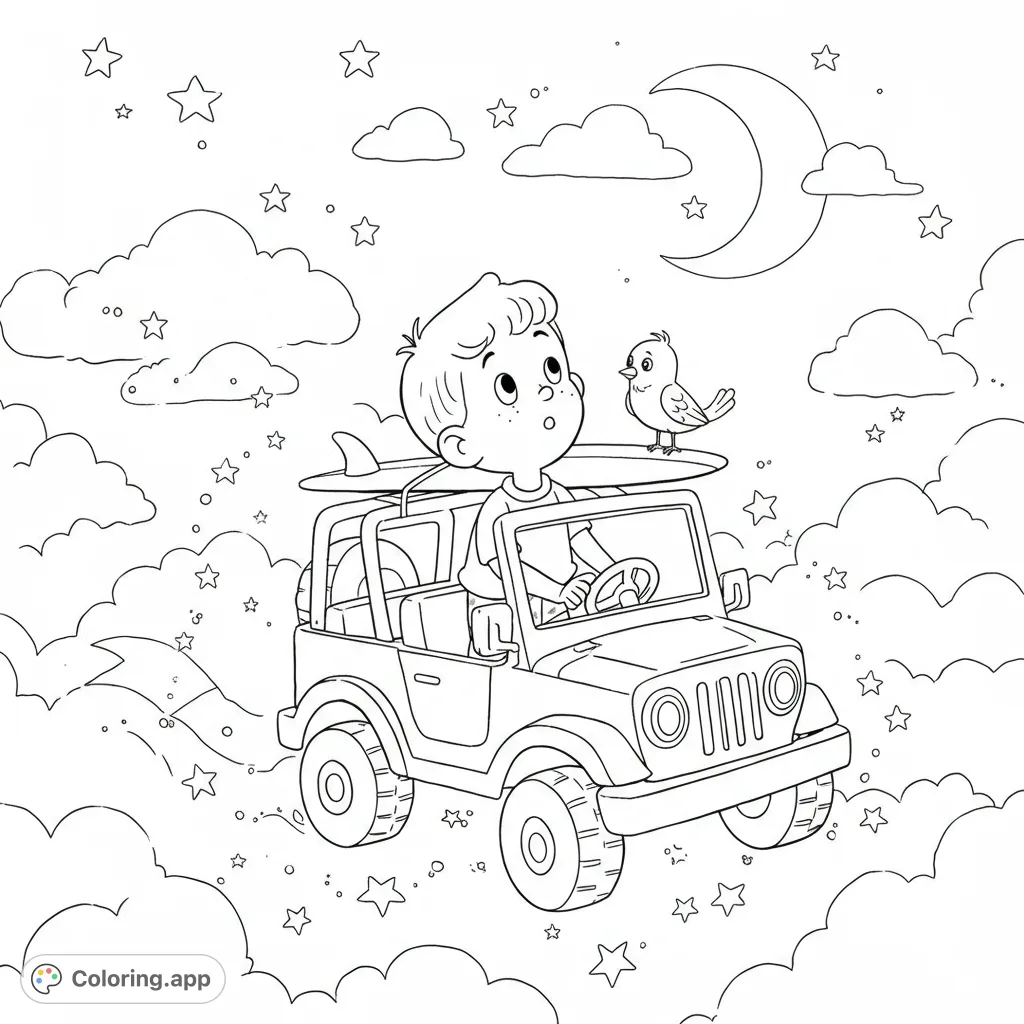 Embark on a whimsical journey with a boy, his jeep, and a bird flying through a starry, cloudy night sky. A dreamy adventure awaits your colors!