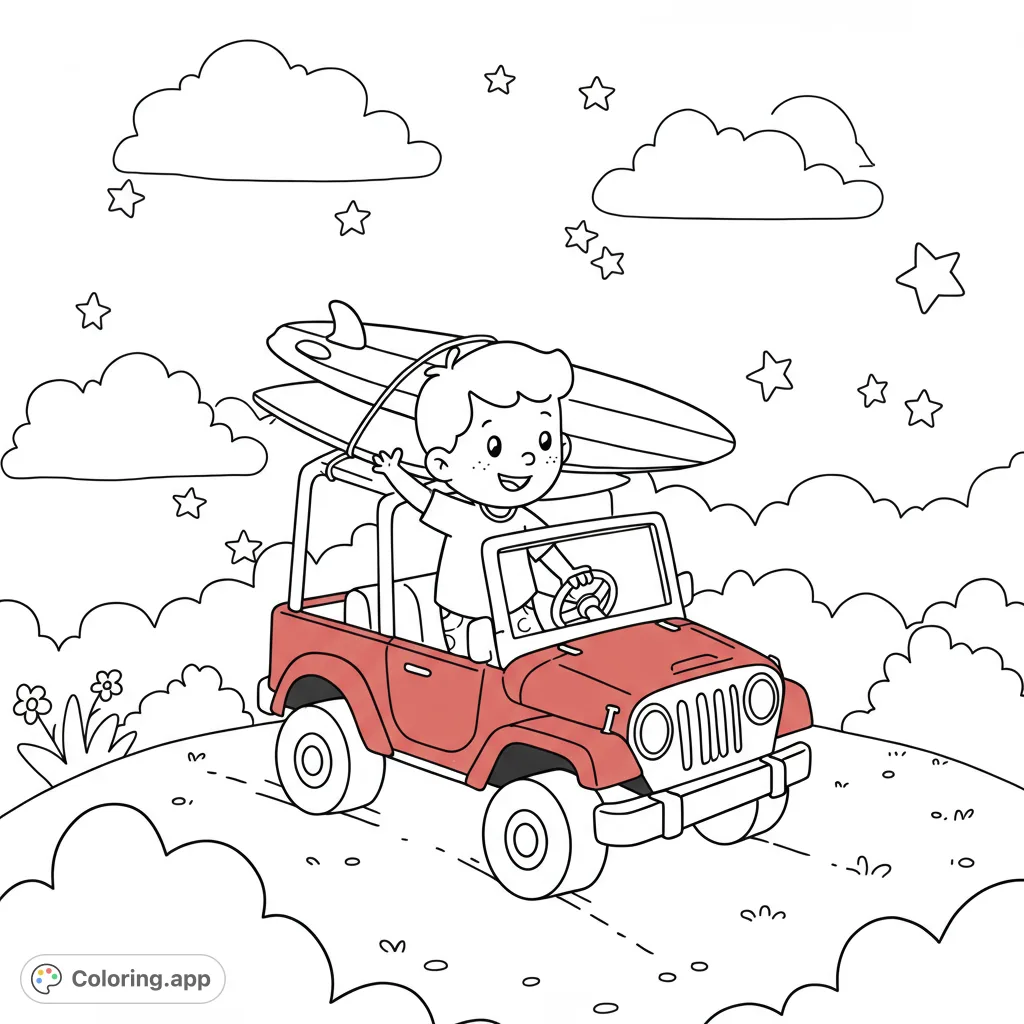 Happy boy in a jeep with surfboards, ready for a summer beach adventure. A fun, free printable summer adventure coloring page for kids.