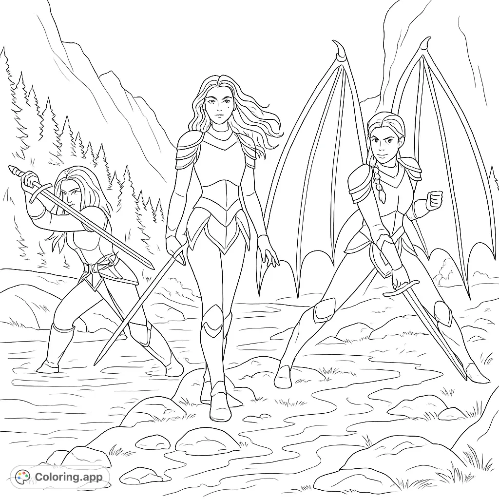 Three fierce fantasy warriors, one with majestic wings, stand ready for battle in a rugged mountain landscape. A free printable fantasy coloring page for all ages.