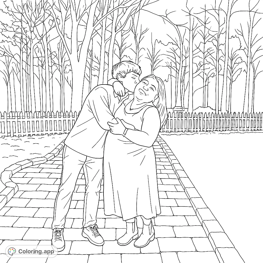 A heartwarming scene of a young man kissing an older woman on the cheek in a park, surrounded by bare trees and a stone path. A free printable family love coloring page.