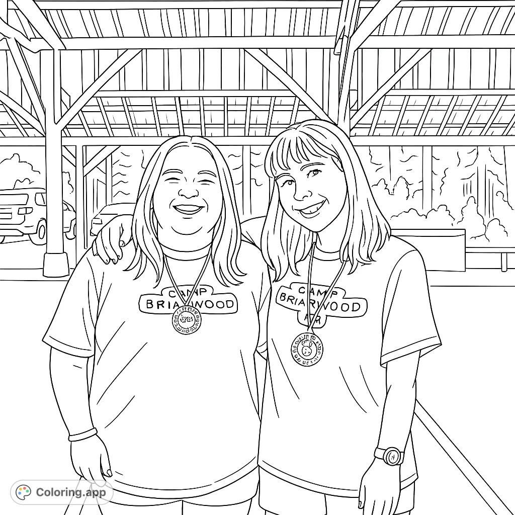 Two smiling camp friends with medals under a wooden pavilion. A heartwarming camp memories coloring page, perfect for kids and adults.