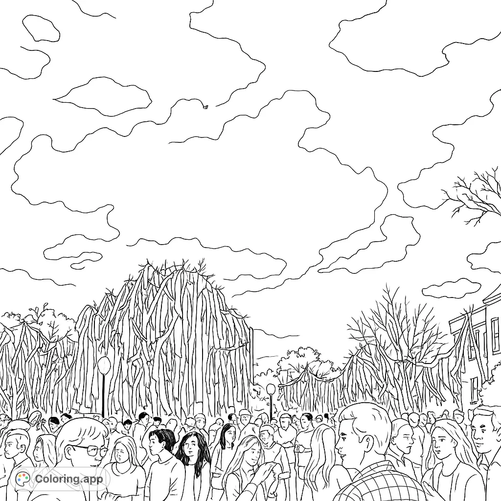 Immerse yourself in a vibrant festival scene featuring a large crowd gathered around a unique, towering branch sculpture under a cloudy sky. Perfect for detailed coloring.