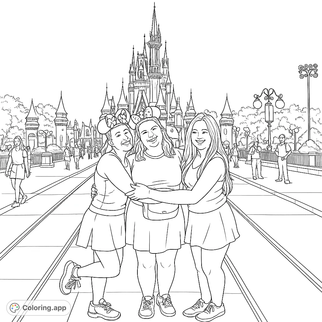 Capture the magic of friendship at a grand fantasy castle. A free printable theme park coloring page for all ages.