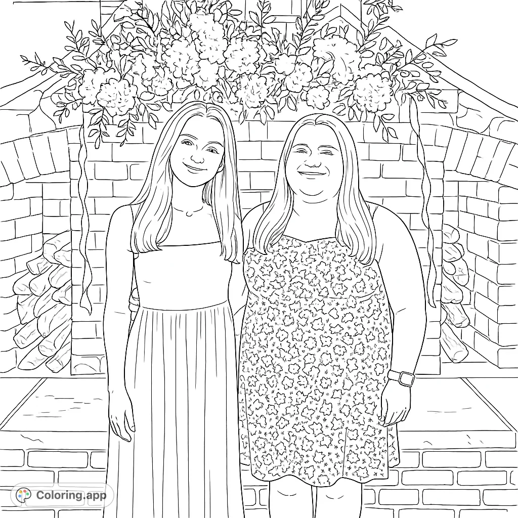 Two smiling women stand before a brick fireplace adorned with lush flowers. A heartwarming friendship coloring page for all ages.