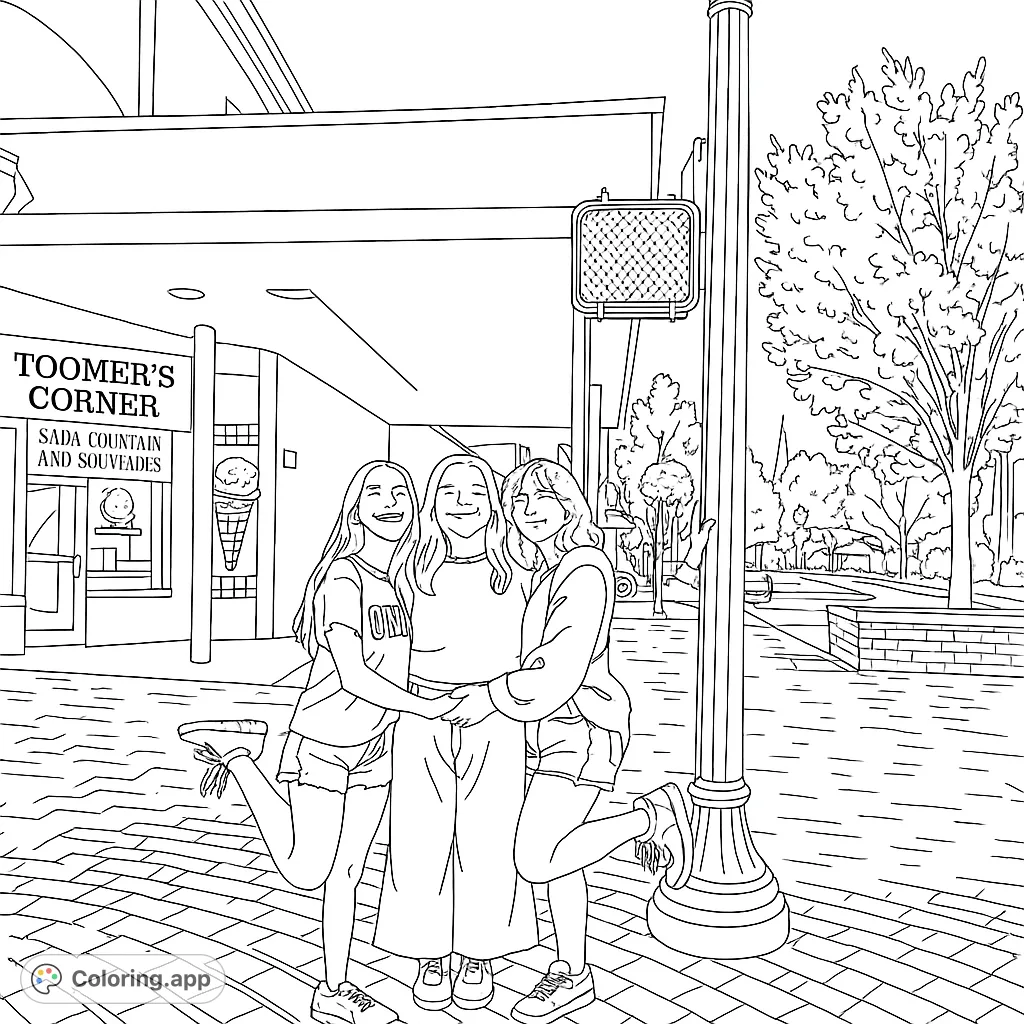Three joyful friends embrace on a vibrant street corner, ready for a fun coloring adventure. Perfect for capturing happy memories!