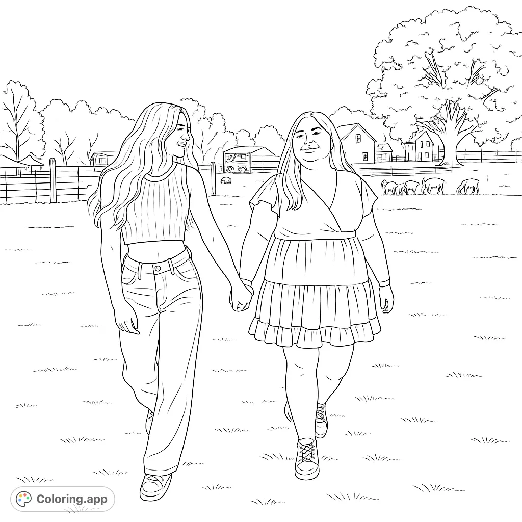 Color this heartwarming scene of two friends walking hand-in-hand through a scenic countryside with a farm, trees, and grazing sheep.