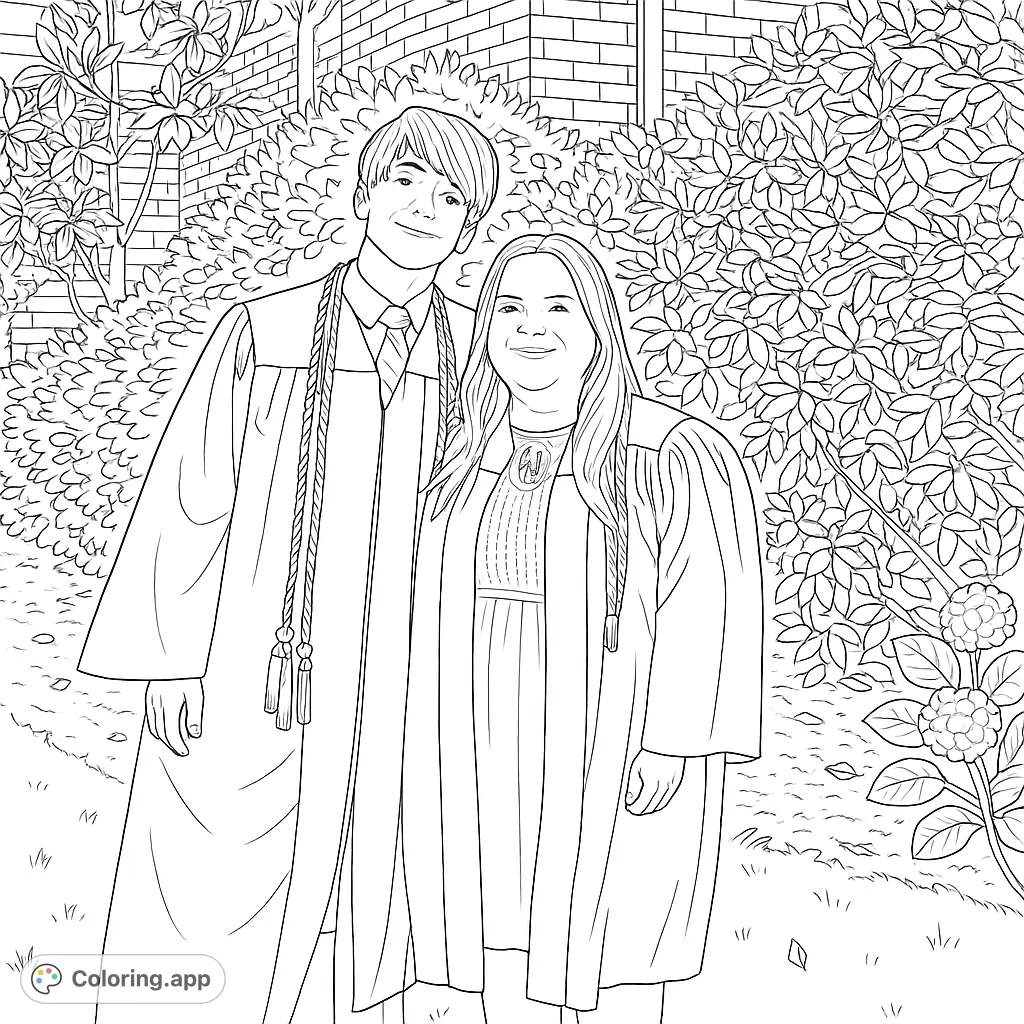 Celebrate academic achievement with this graduation coloring page featuring two smiling graduates in caps and gowns amidst lush greenery.