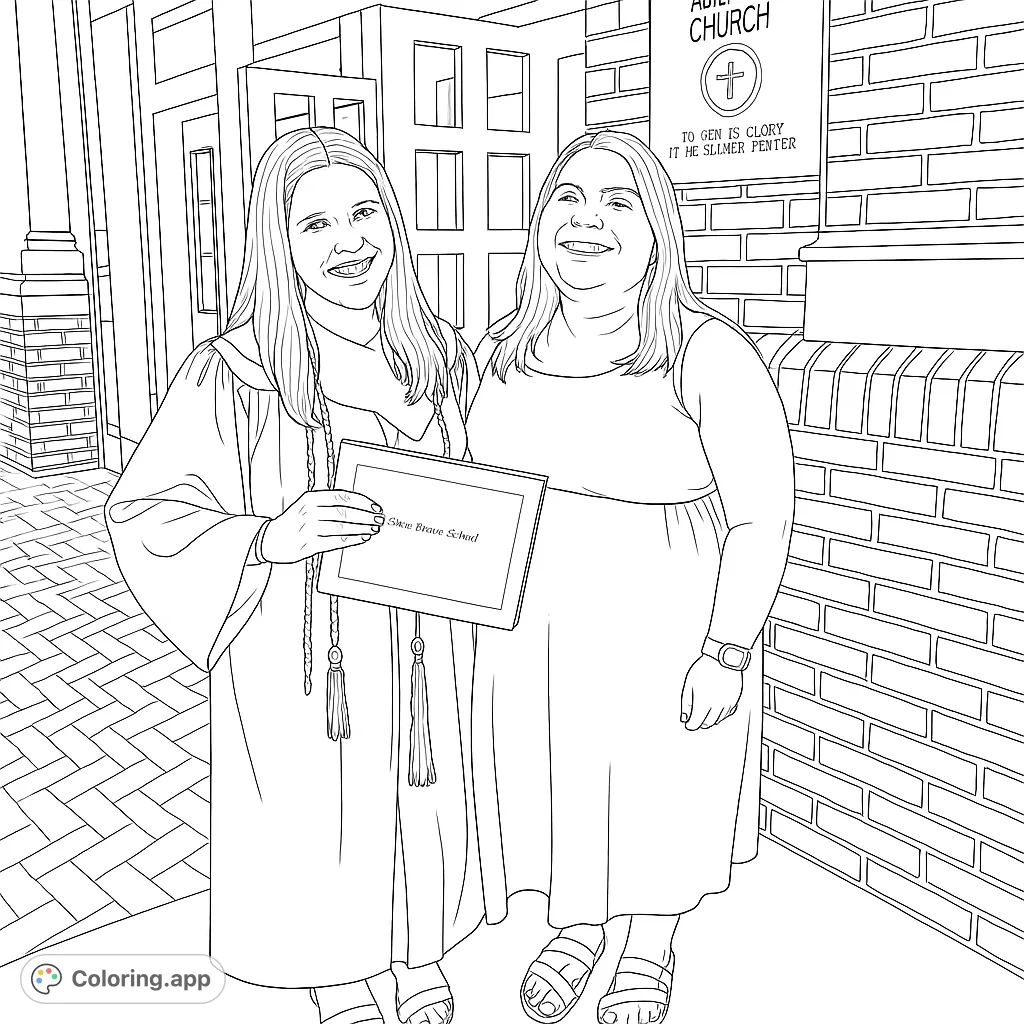 Celebrate a special graduation day! Two smiling women, one in a cap and gown with diploma, stand proudly. A heartwarming scene for all ages.