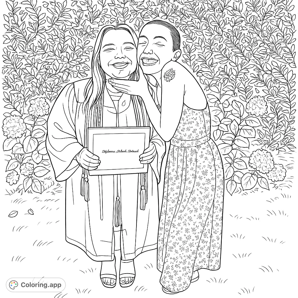 Celebrate a special graduation moment! This free printable coloring page features two happy individuals, one in a cap and gown, against a floral background.