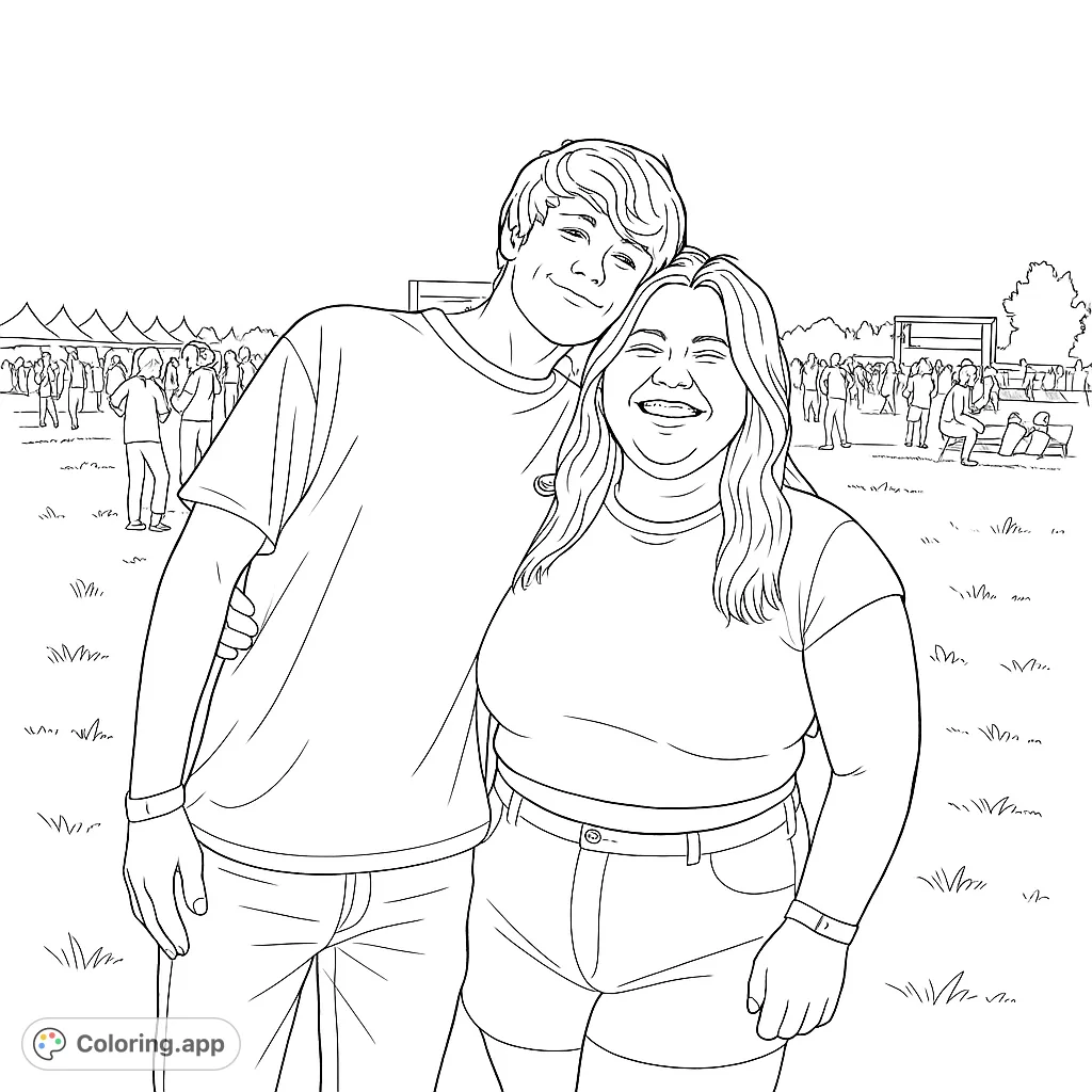 A joyful couple embraces at a lively outdoor event, surrounded by a bustling crowd and tents. A perfect free printable coloring page for all ages.