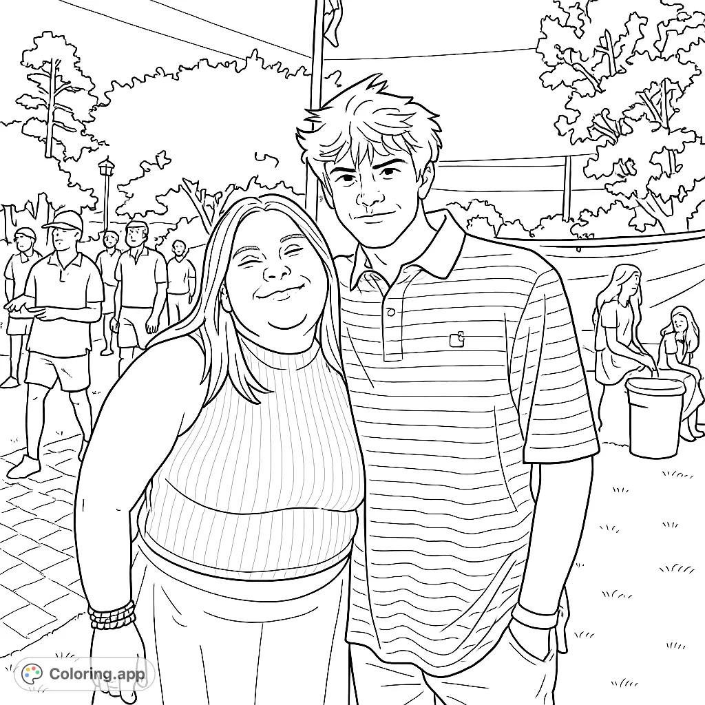A happy couple enjoys an outdoor gathering, surrounded by friends and nature. A free printable outdoor gathering coloring page for all ages.
