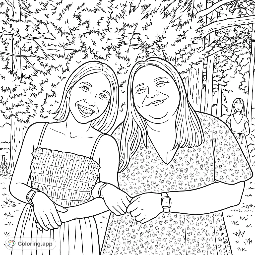 Capture the warmth of friendship with this outdoor portrait coloring page featuring two smiling women and lush natural scenery. Free printable for all ages!