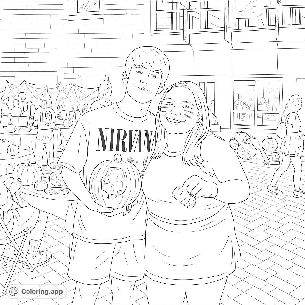 A joyful fall festival scene featuring a smiling couple with a carved pumpkin, surrounded by autumn decorations and festive crowds.