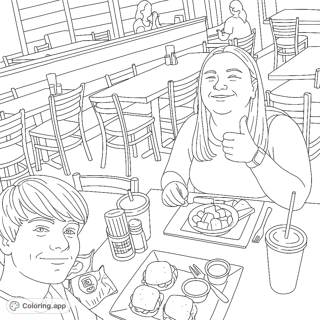 A cheerful restaurant scene featuring two smiling diners, one giving a thumbs-up, surrounded by tables and food. Perfect for a fun coloring session!