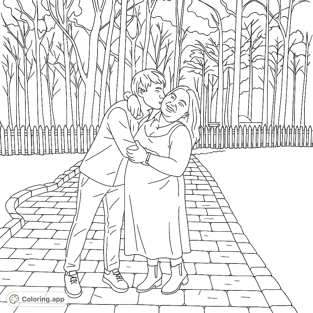 Capture a tender moment with this romantic couple coloring page. A man kisses a smiling woman on a park path, surrounded by trees and a fence. Free printable coloring page for all ages.
