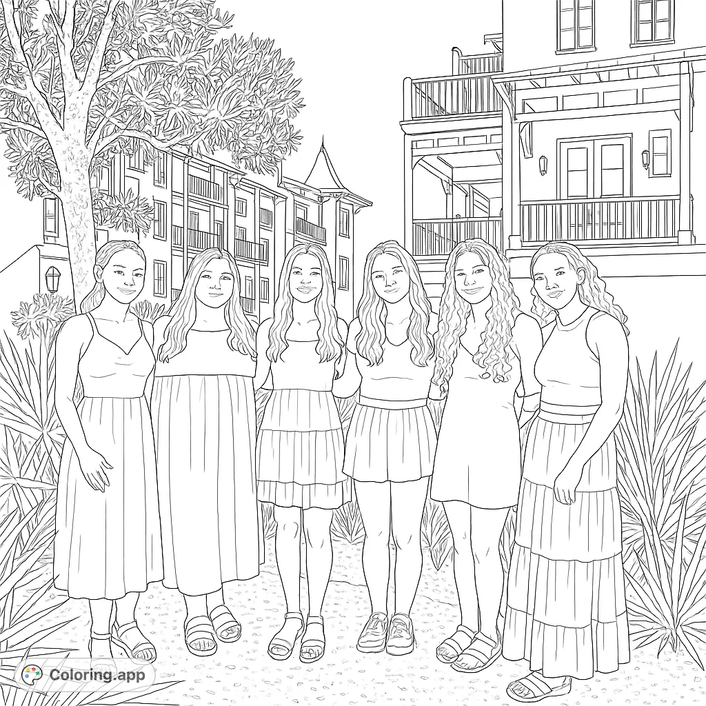 Six smiling young women stand together outdoors, surrounded by detailed buildings and lush plants, perfect for a friendship-themed coloring page.