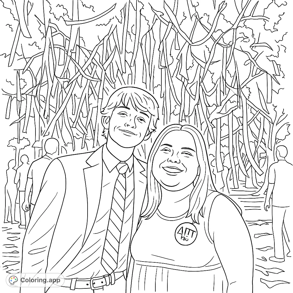 Color a joyful scene featuring a smiling couple against a backdrop of intricate hanging jungle vines. A unique nature-themed coloring page for all ages.