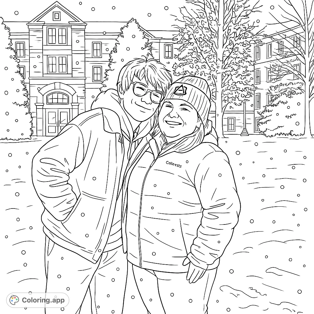 Smiling couple in winter attire on a snowy campus, with detailed university buildings and intricate trees. A charming free printable coloring page.