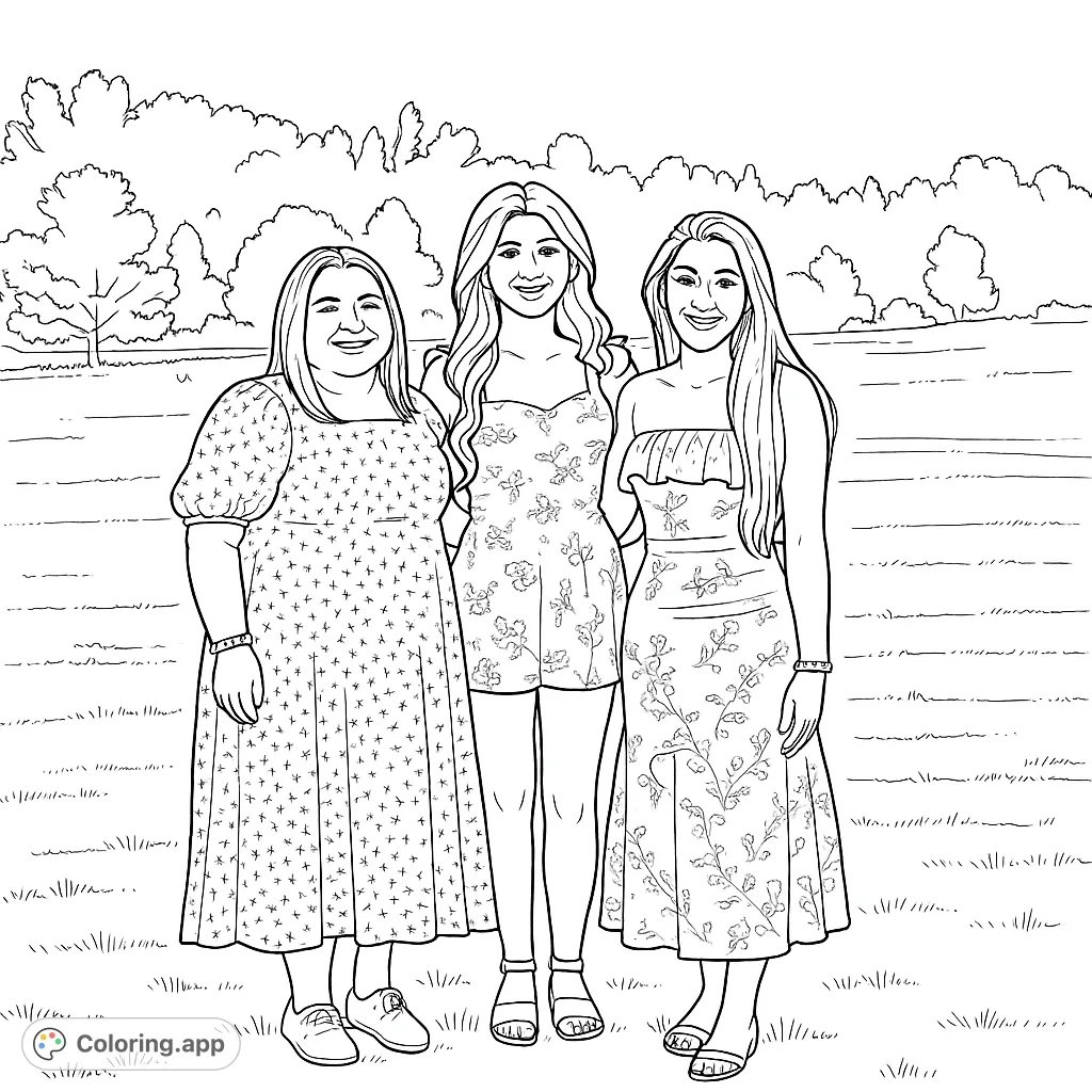 Capture the joy of friendship with this free printable coloring page featuring three smiling women in a scenic outdoor setting. Perfect for all ages!