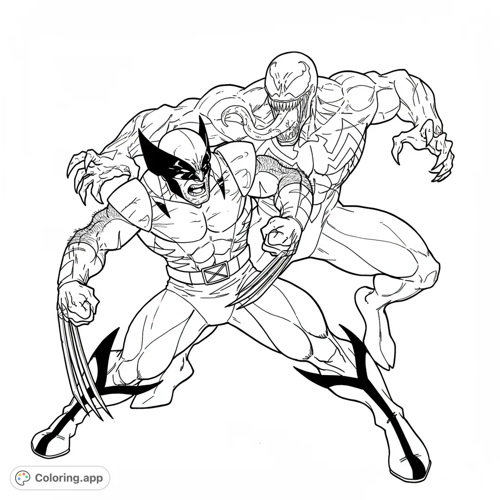 Epic Wolverine and Venom clash! A dynamic superhero coloring page featuring two iconic characters in a fierce battle. Free printable coloring page for action fans.