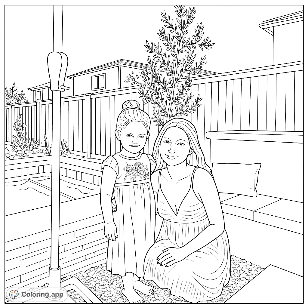 A heartwarming backyard scene featuring a mother and daughter, perfect for a relaxing coloring experience. Free printable family coloring page.