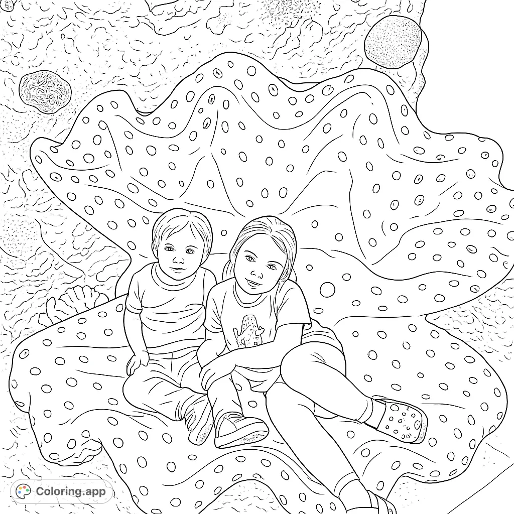 Two kids sit on a large, polka-dotted clam shell, surrounded by organic textures. A fun, imaginative scene for coloring.