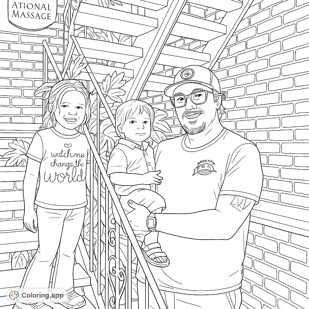 A heartwarming family portrait coloring page featuring a father, daughter, and baby on a staircase, perfect for all ages. Free printable fun!