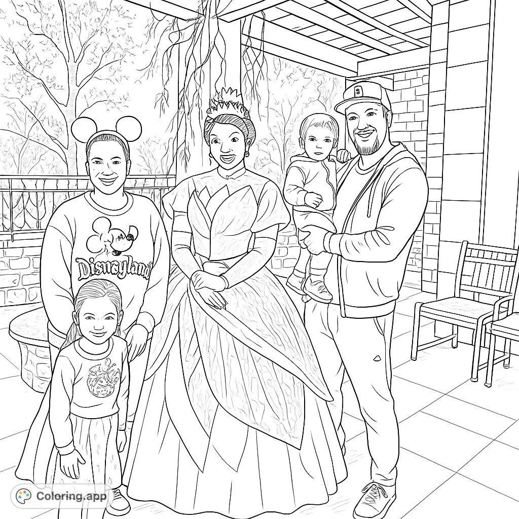 A joyful family meets a regal princess in a detailed park setting. Perfect for a magical family coloring page adventure.