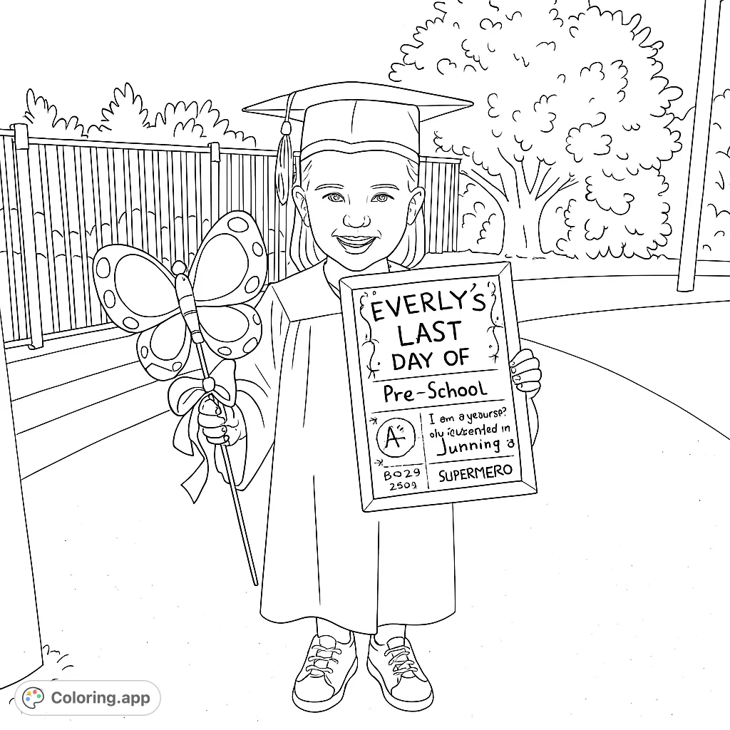 Celebrate milestones with this graduation girl coloring page! Features a happy graduate, a butterfly, and a customizable sign. Free printable coloring page for kids.