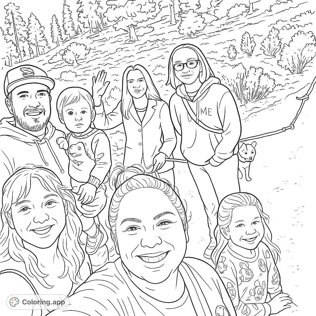Capture the joy of a family outing with this free printable family outdoor adventure coloring page. Features smiling faces, a baby, and a dog in a scenic natural setting.