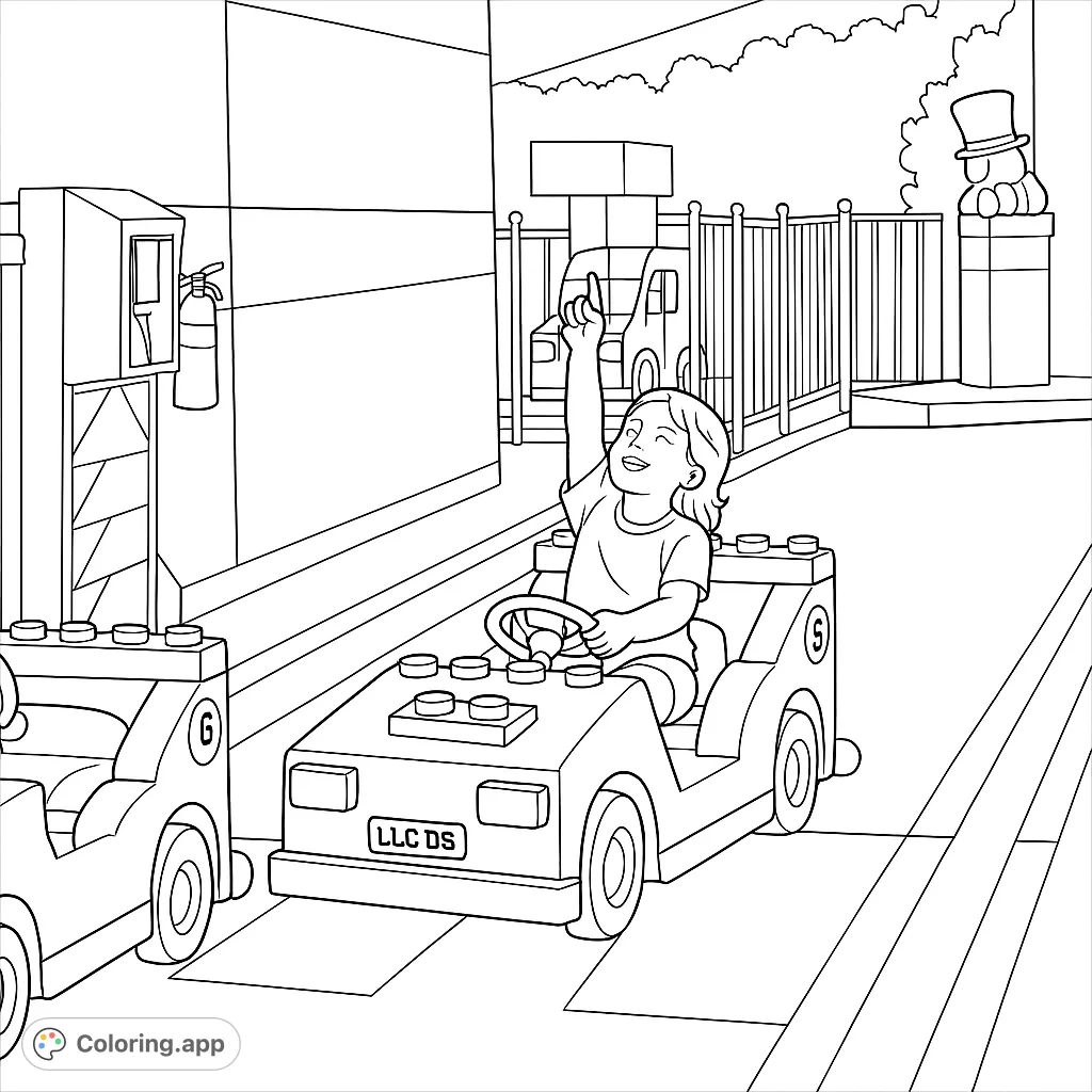 A happy girl drives a block-style toy car in a fun park setting. Perfect free printable coloring page for kids to enjoy!