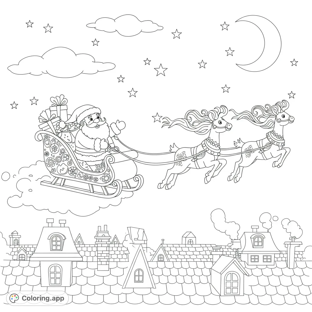 Santa's Christmas Eve Flight Coloring Page
