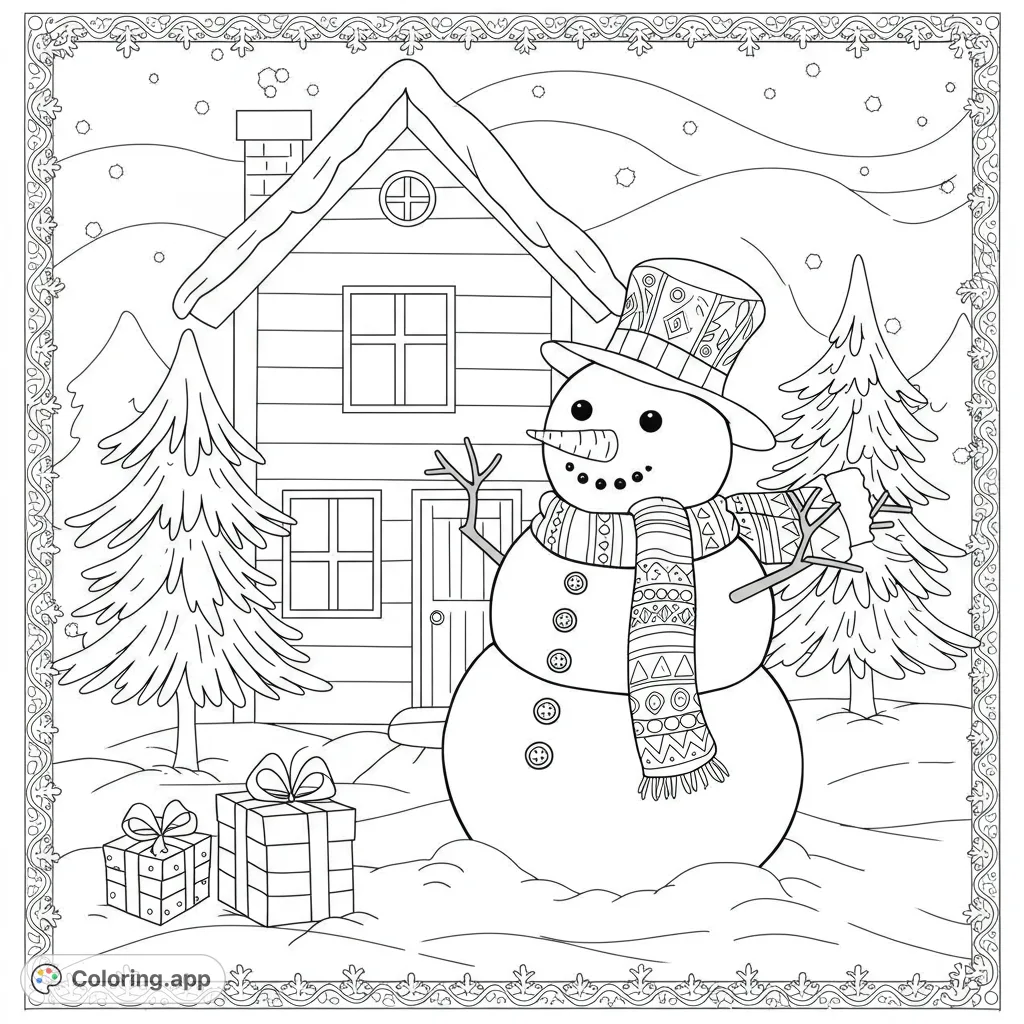 Snowman and House Coloring Page