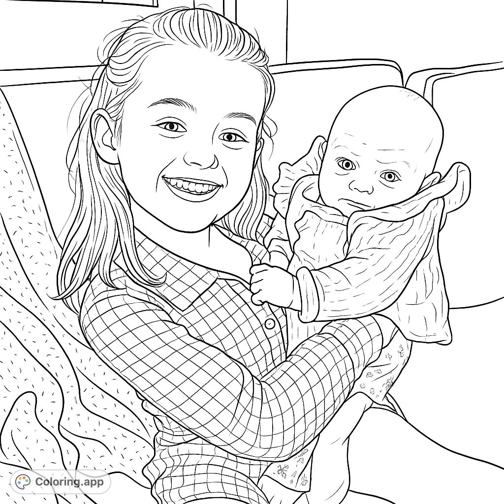 A heartwarming family coloring page featuring a smiling girl holding a baby, perfect for free printable coloring page fun and family bonding.