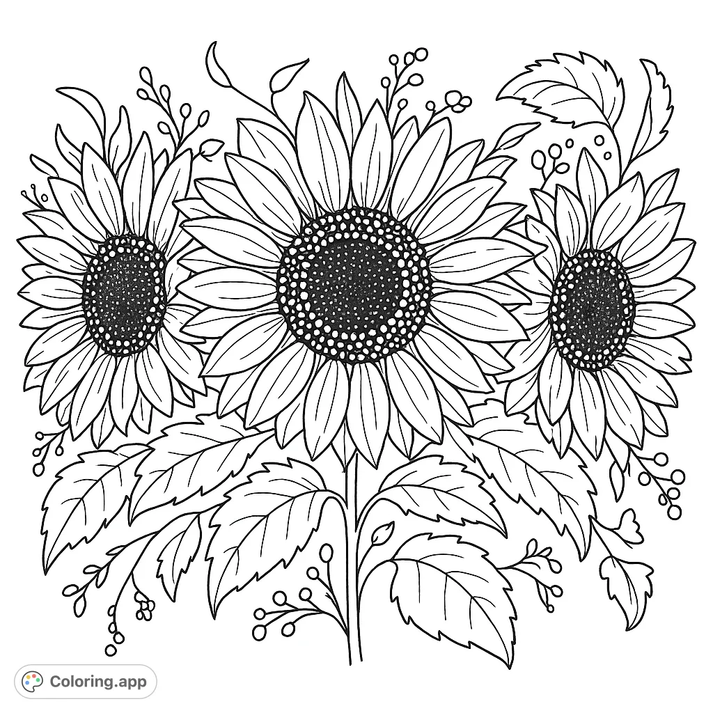 Vibrant sunflower trio coloring page with intricate petals, textured centers, and lush leaves. A free printable floral design for all ages to enjoy.