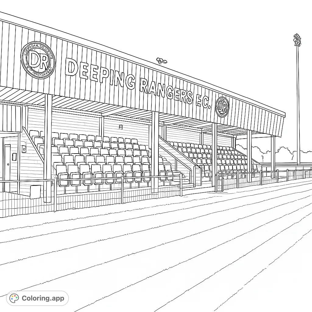Color a detailed football stadium grandstand with rows of seats, a large canopy, and a field, perfect for sports fans.