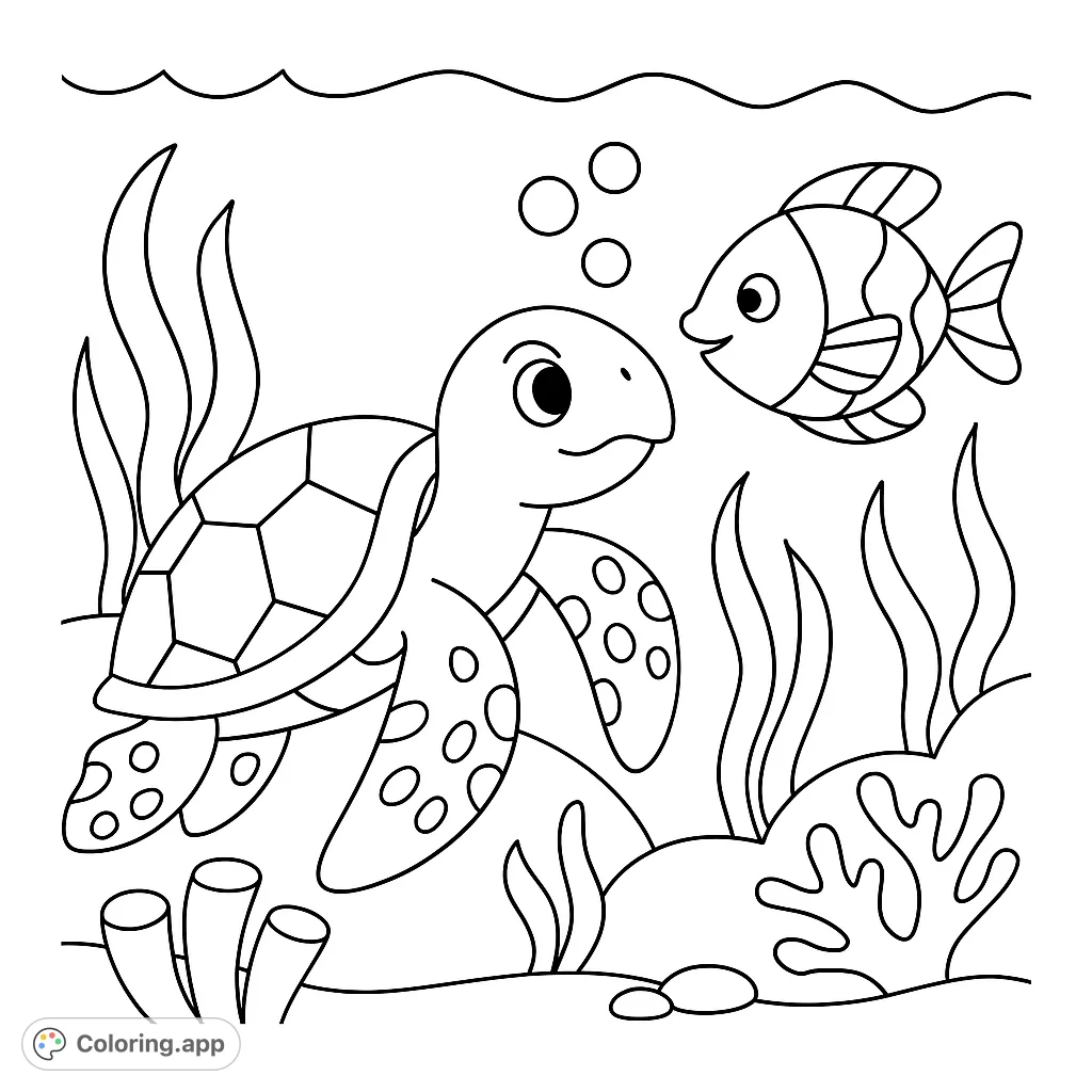 Dive into an ocean adventure with a cute sea turtle and a friendly fish, surrounded by vibrant coral and swaying seaweed.